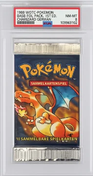 Charizard base set booster pack in a protective slab